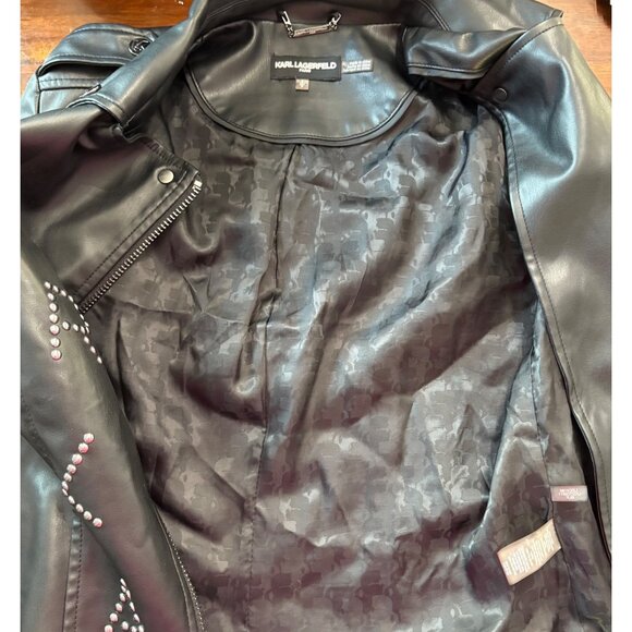 Karl Lagerfeld Paris Black Faux Leather Studded Moto Jacket Logo Detailing SizeS - Picture 12 of 16